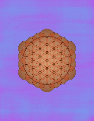 A photo of the flower of life which is multiple circles overlapping with a purple and blue mixed paint like background