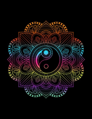 A mandala with a ying yang symbol in the middle and a black background with a rainbow gradient through the mandala