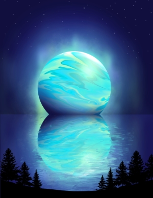 A blue planet with a dark background and tree silhouettes in front with the planet reflected in water